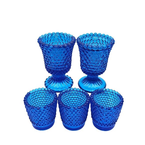 Hobnail Cobalt Blue Glass Votive Candle Holders Mixed Set Of 5 - Picture 5 of 15